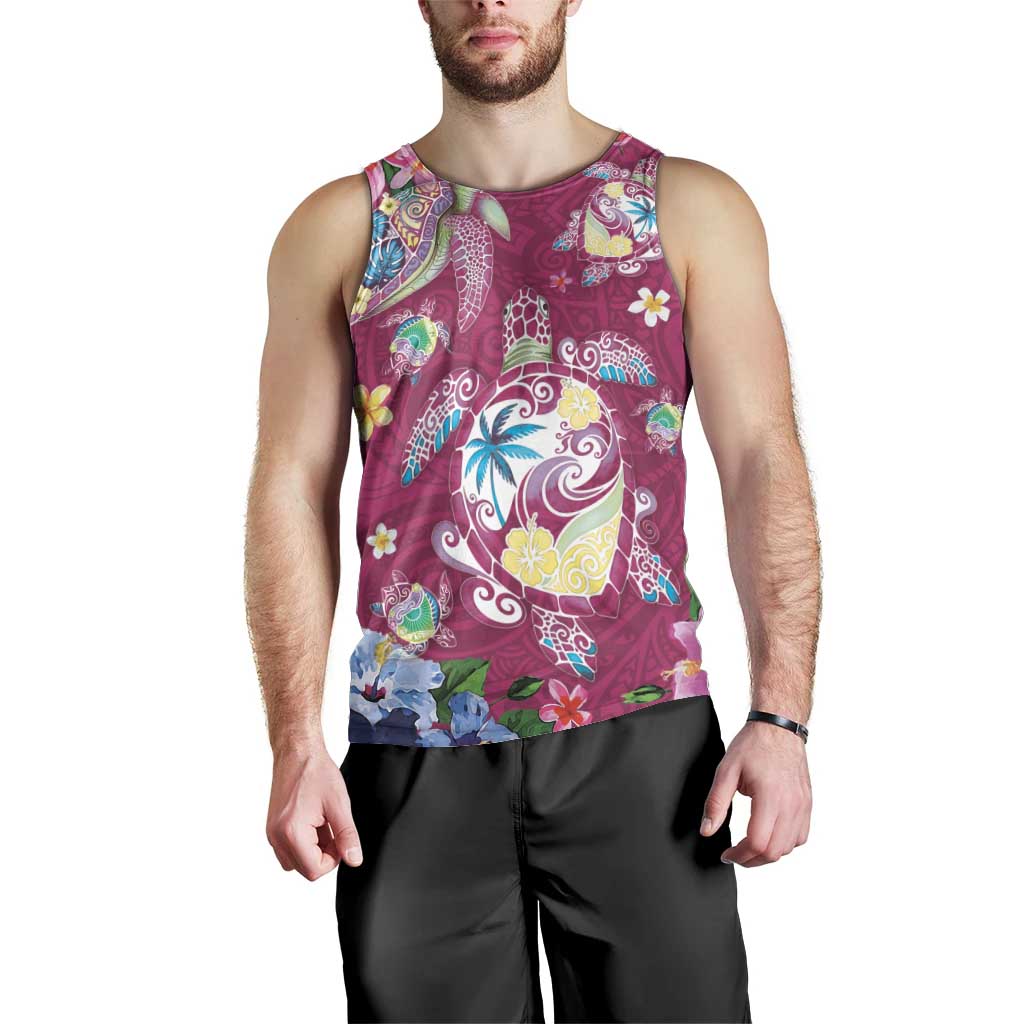 Hawaiian Turtles and Tropical Plants Men Tank Top Pink Watercolor