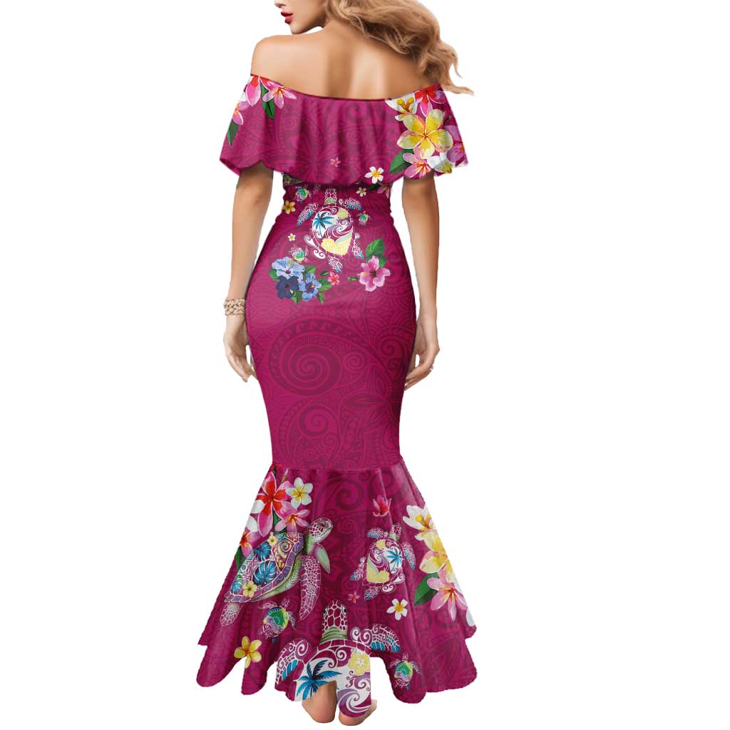 Hawaiian Turtles and Tropical Plants Mermaid Dress Pink Watercolor