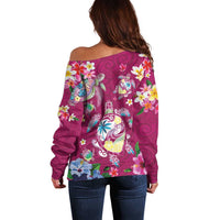 Hawaiian Turtles and Tropical Plants Off Shoulder Sweater Pink Watercolor