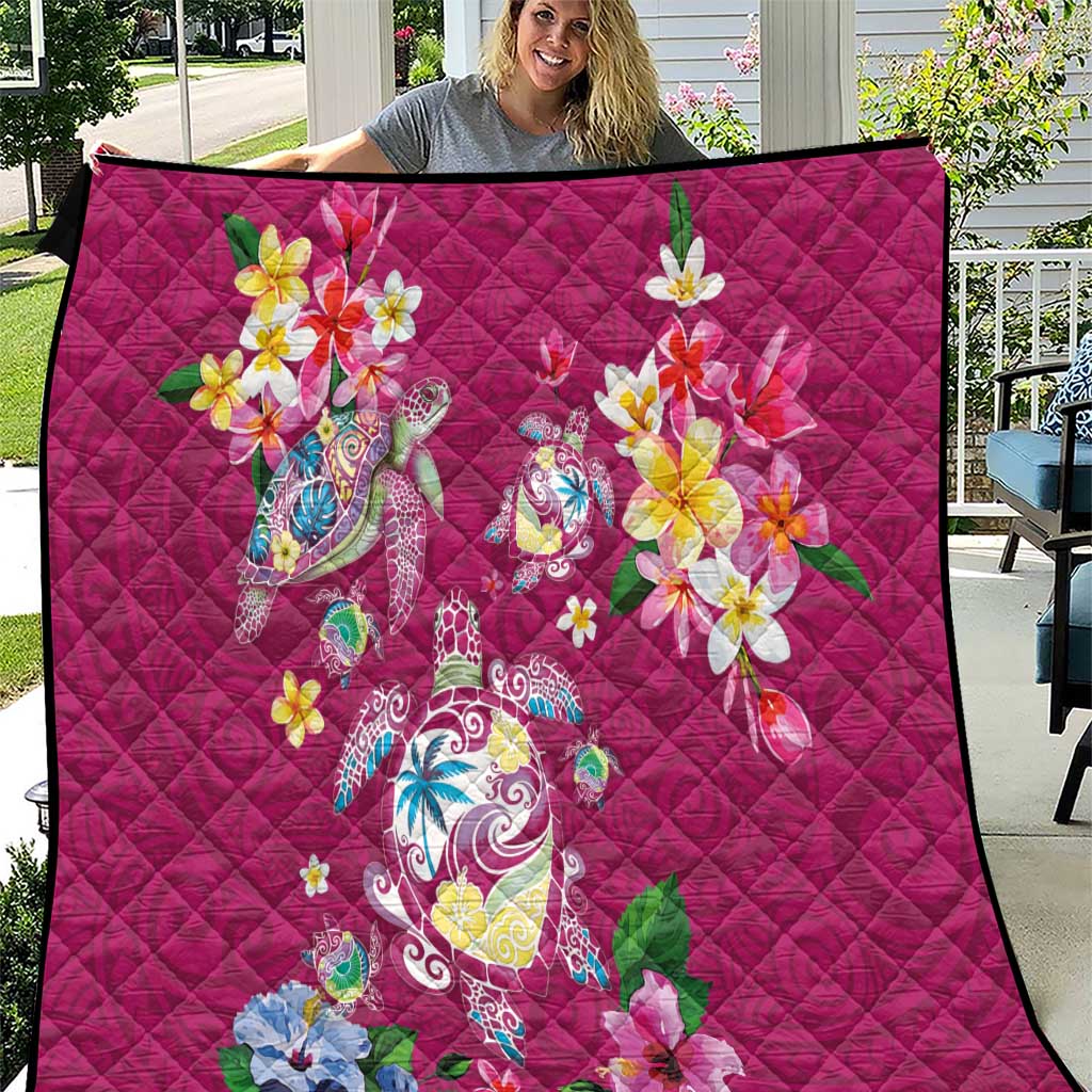 Hawaiian Turtles and Tropical Plants Quilt Pink Watercolor