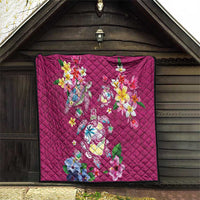 Hawaiian Turtles and Tropical Plants Quilt Pink Watercolor