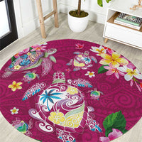 Hawaiian Turtles and Tropical Plants Round Carpet Pink Watercolor