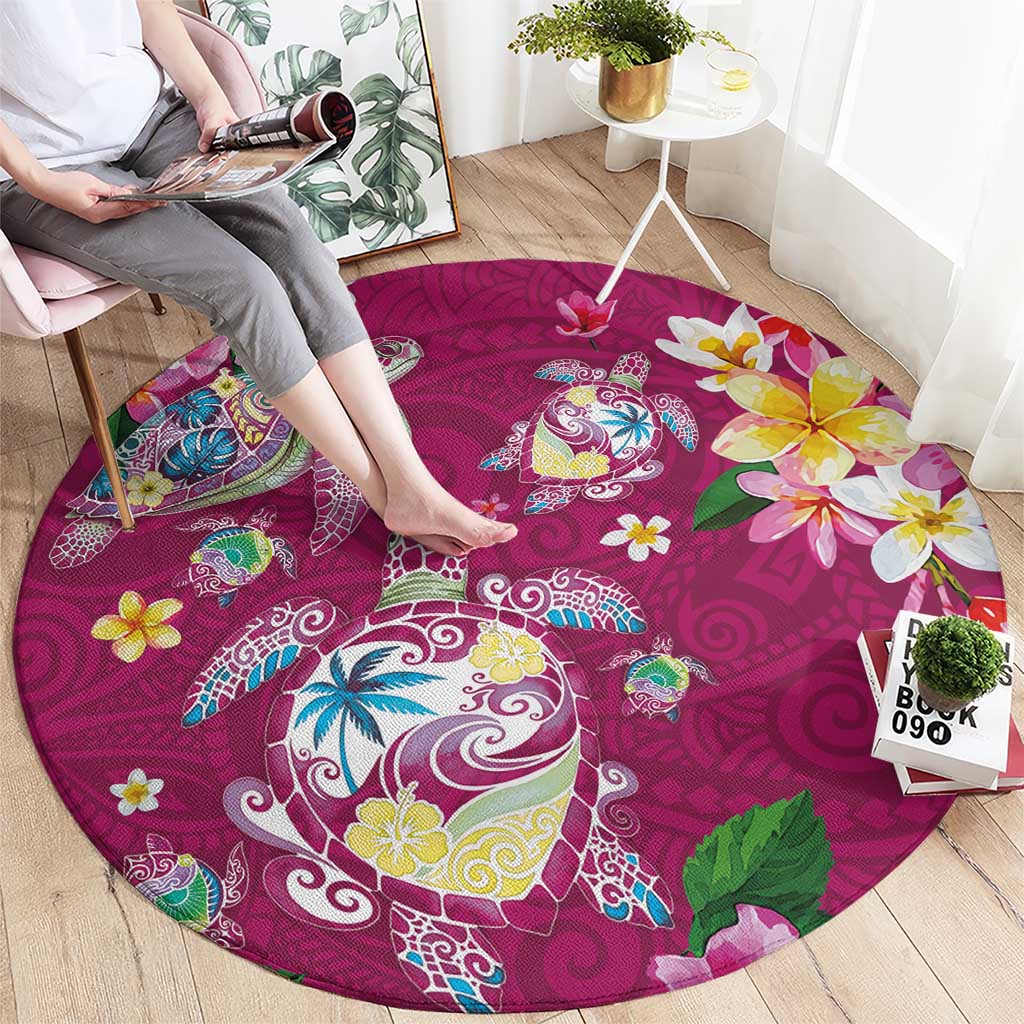 Hawaiian Turtles and Tropical Plants Round Carpet Pink Watercolor