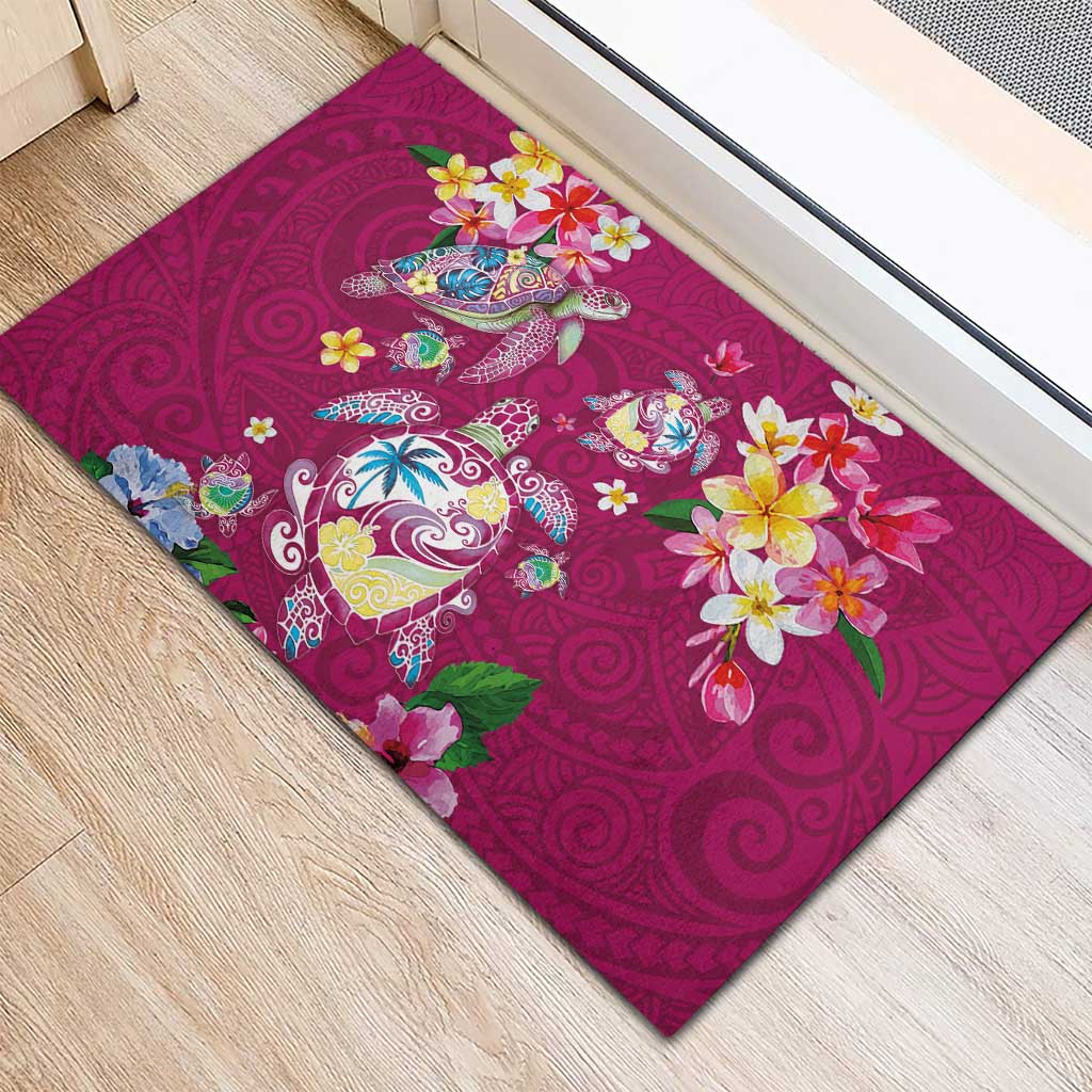 Hawaiian Turtles and Tropical Plants Rubber Doormat Pink Watercolor