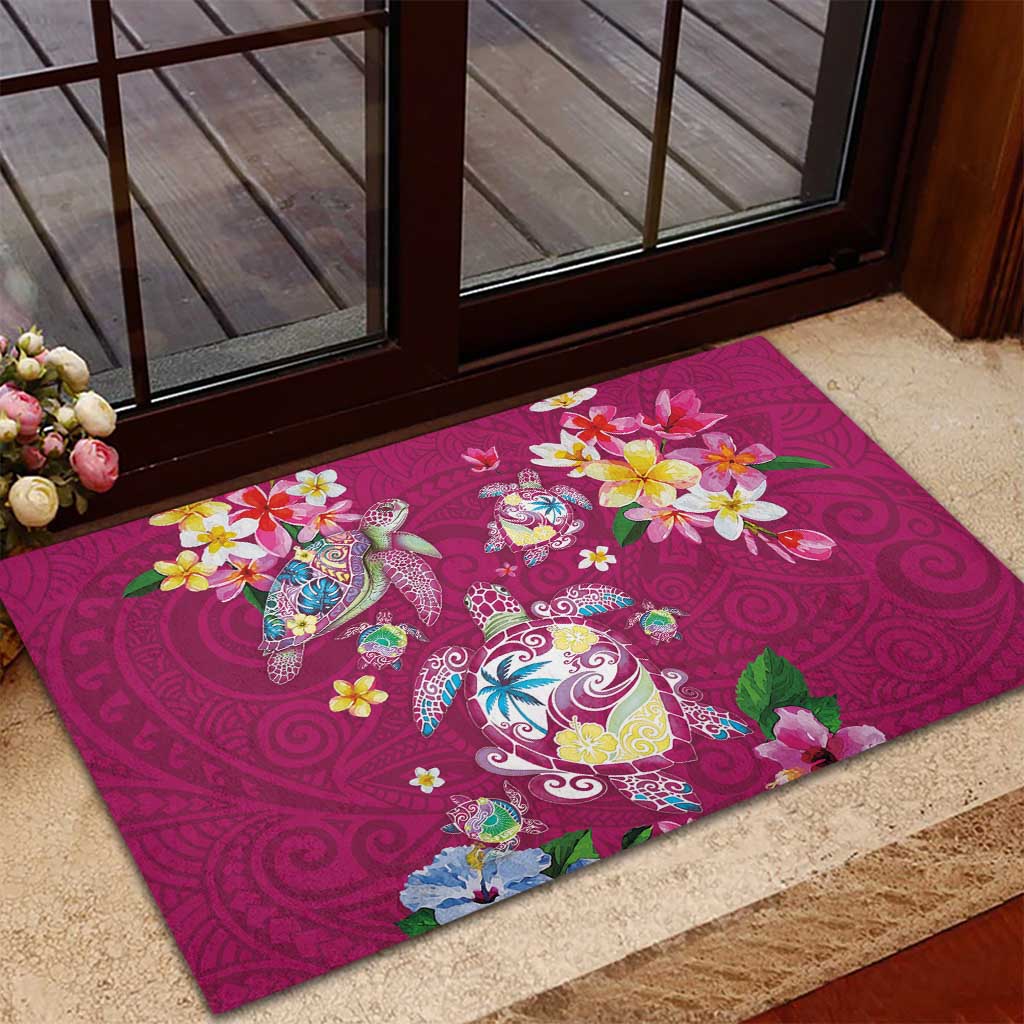 Hawaiian Turtles and Tropical Plants Rubber Doormat Pink Watercolor