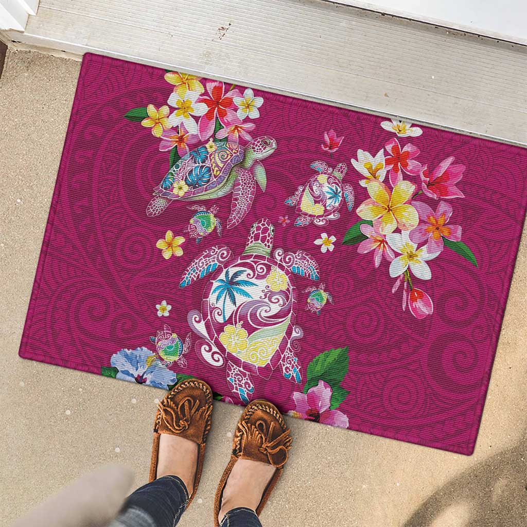 Hawaiian Turtles and Tropical Plants Rubber Doormat Pink Watercolor