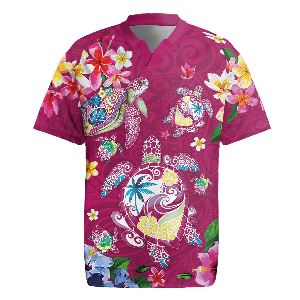 Hawaiian Turtles and Tropical Plants Rugby Jersey Pink Watercolor
