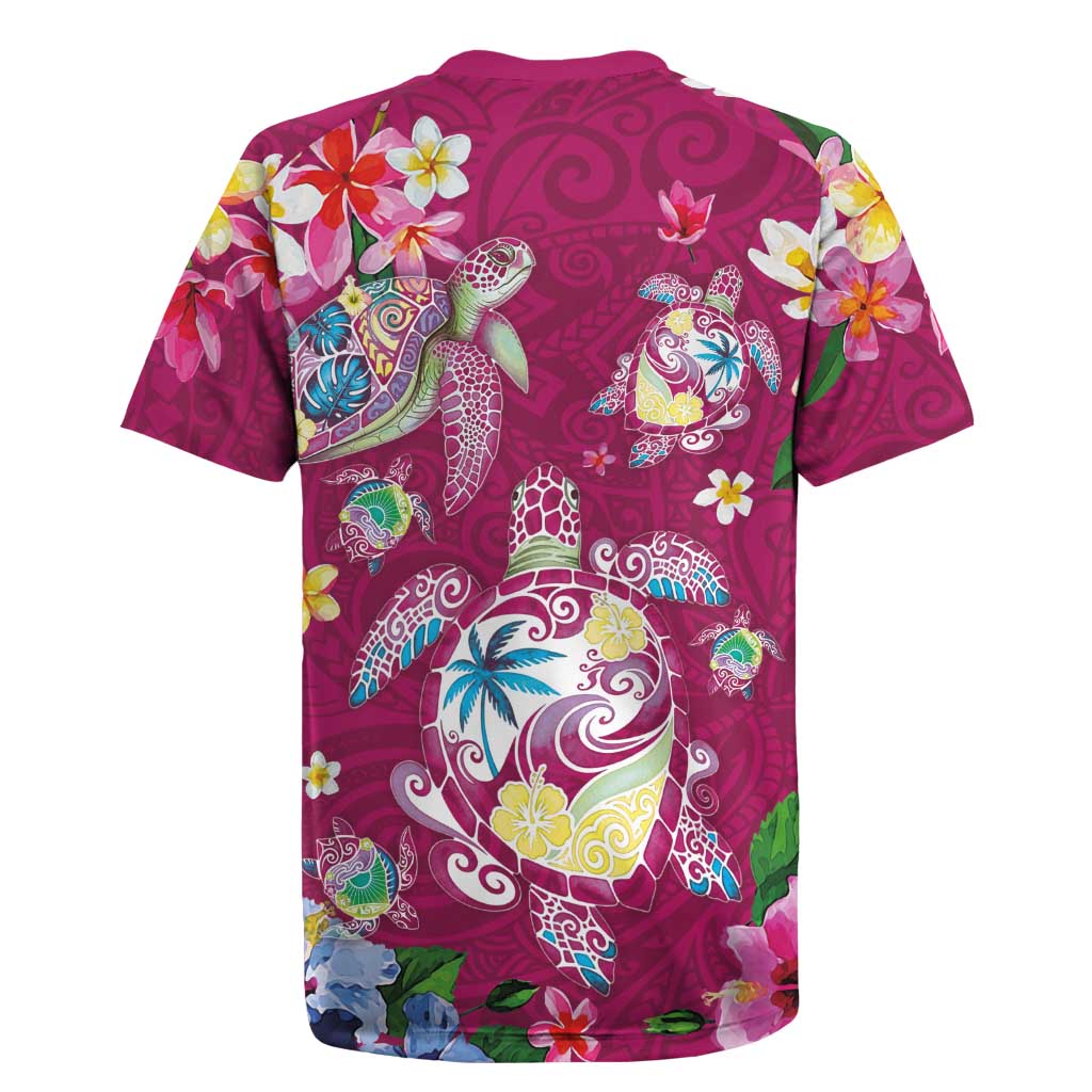 Hawaiian Turtles and Tropical Plants Rugby Jersey Pink Watercolor