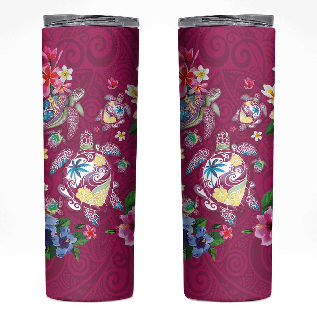 Hawaiian Turtles and Tropical Plants Skinny Tumbler Pink Watercolor