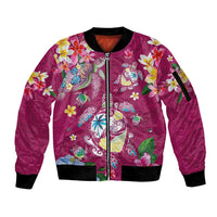 Hawaiian Turtles and Tropical Plants Sleeve Zip Bomber Jacket Pink Watercolor