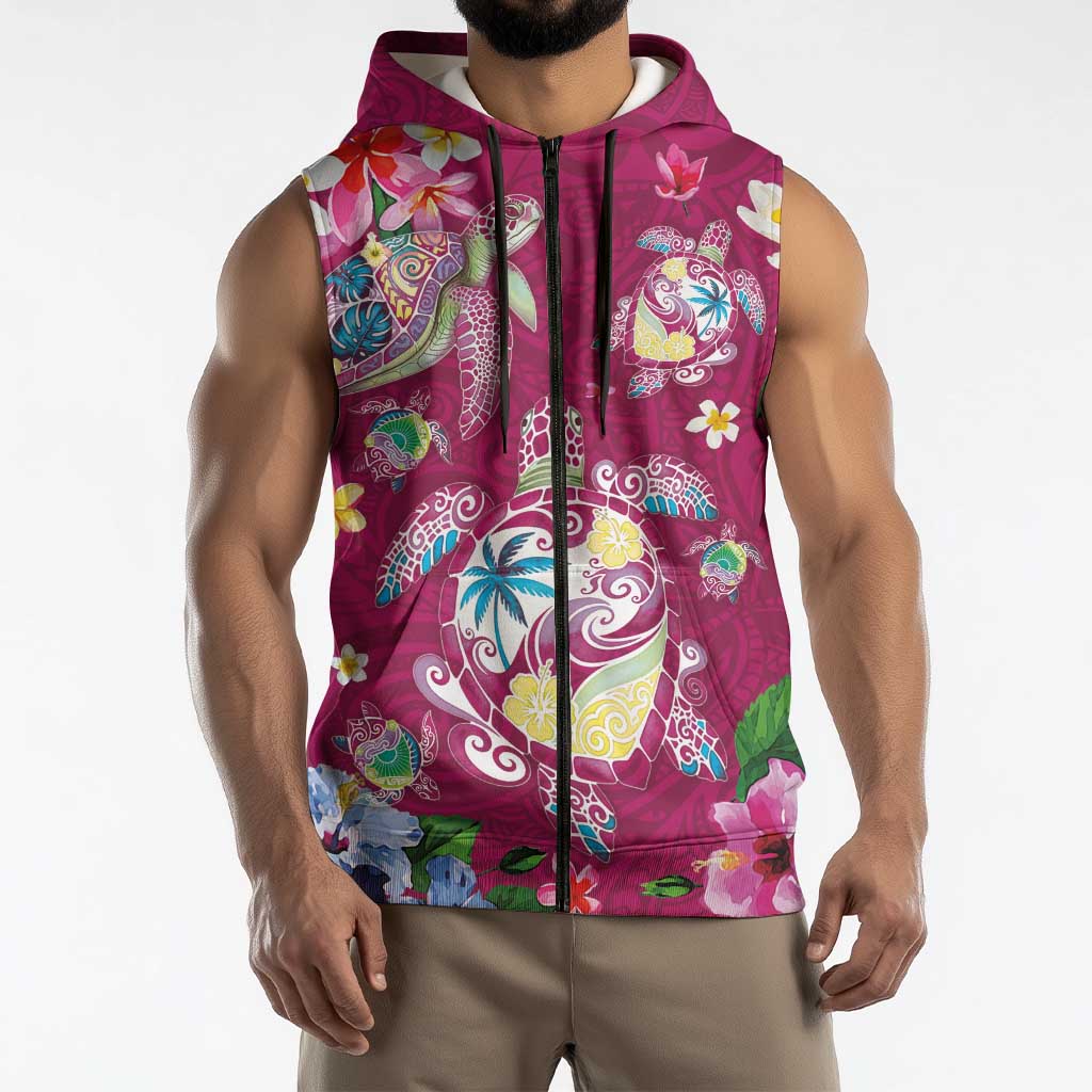 Hawaiian Turtles and Tropical Plants Sleeveless Zip Hoodie Pink Watercolor