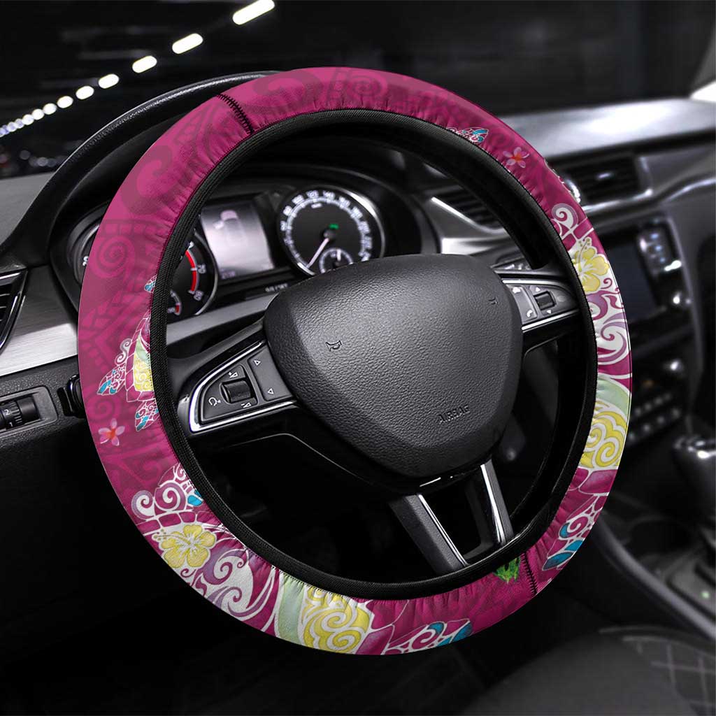 Hawaiian Turtles and Tropical Plants Steering Wheel Cover Pink Watercolor