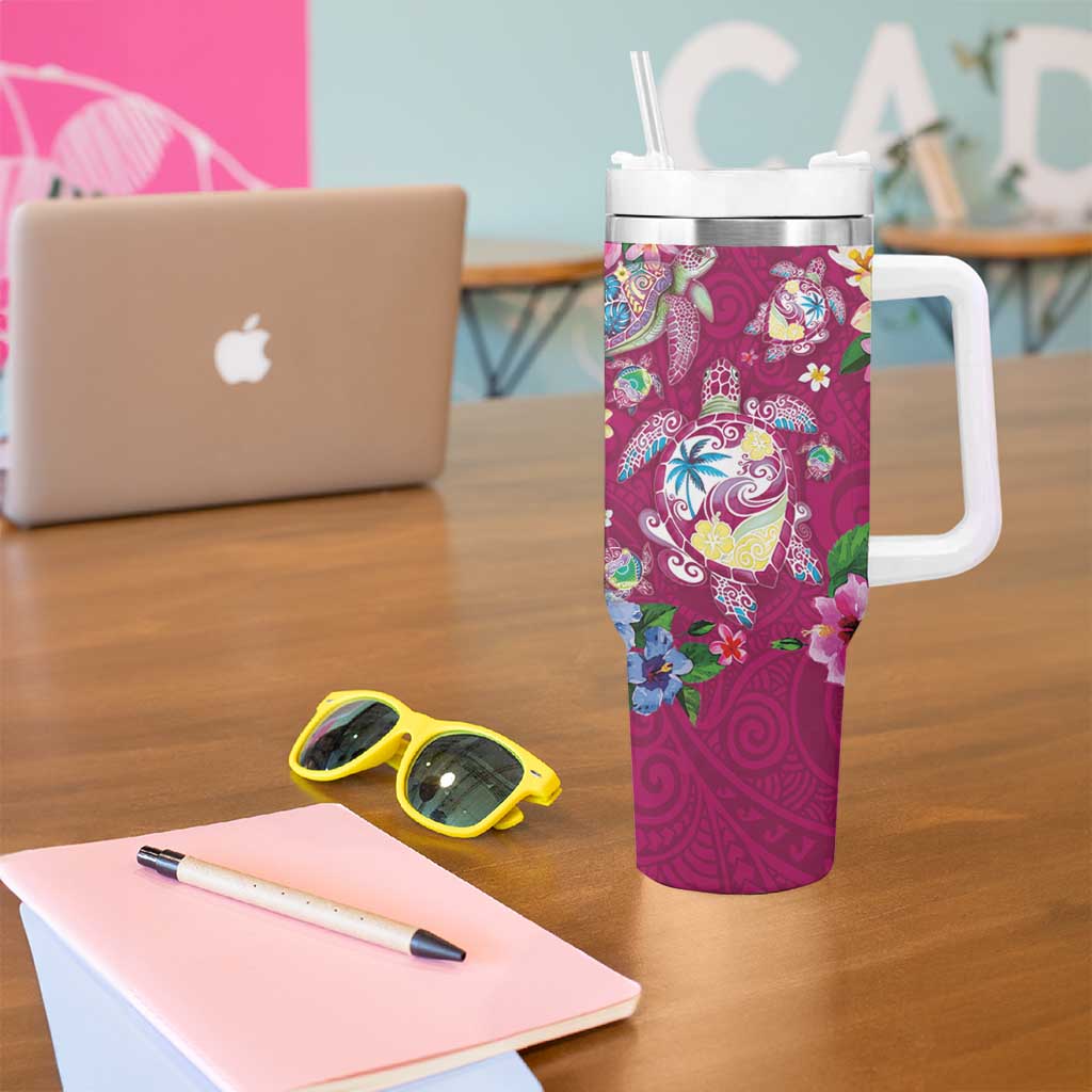 Hawaiian Turtles and Tropical Plants Tumbler With Handle Pink Watercolor