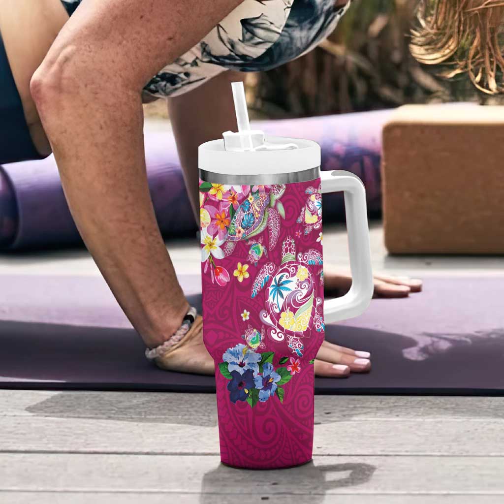 Hawaiian Turtles and Tropical Plants Tumbler With Handle Pink Watercolor