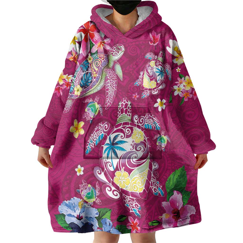 Hawaiian Turtles and Tropical Plants Wearable Blanket Hoodie Pink Watercolor