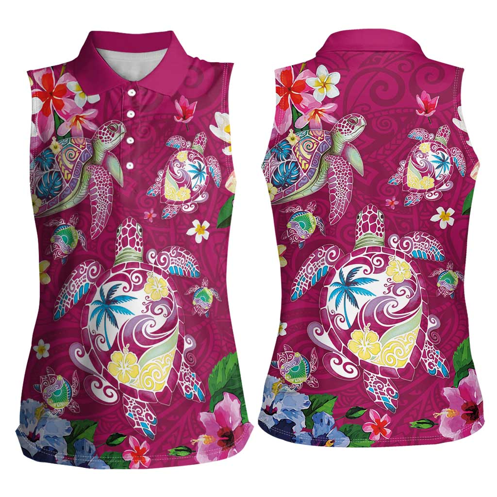 Hawaiian Turtles and Tropical Plants Women Sleeveless Polo Shirt Pink Watercolor