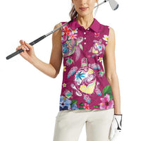 Hawaiian Turtles and Tropical Plants Women Sleeveless Polo Shirt Pink Watercolor