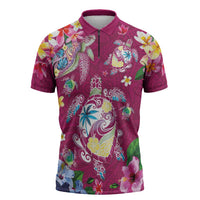 Hawaiian Turtles and Tropical Plants Zipper Polo Shirt Pink Watercolor