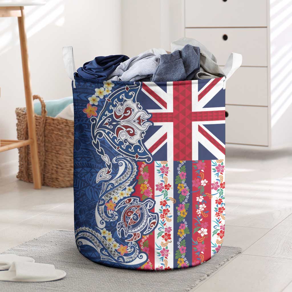 Hawaiian Manta Ray and Turtle Tribal Tattoo Laundry Basket With Hawaii Flag and Flowers