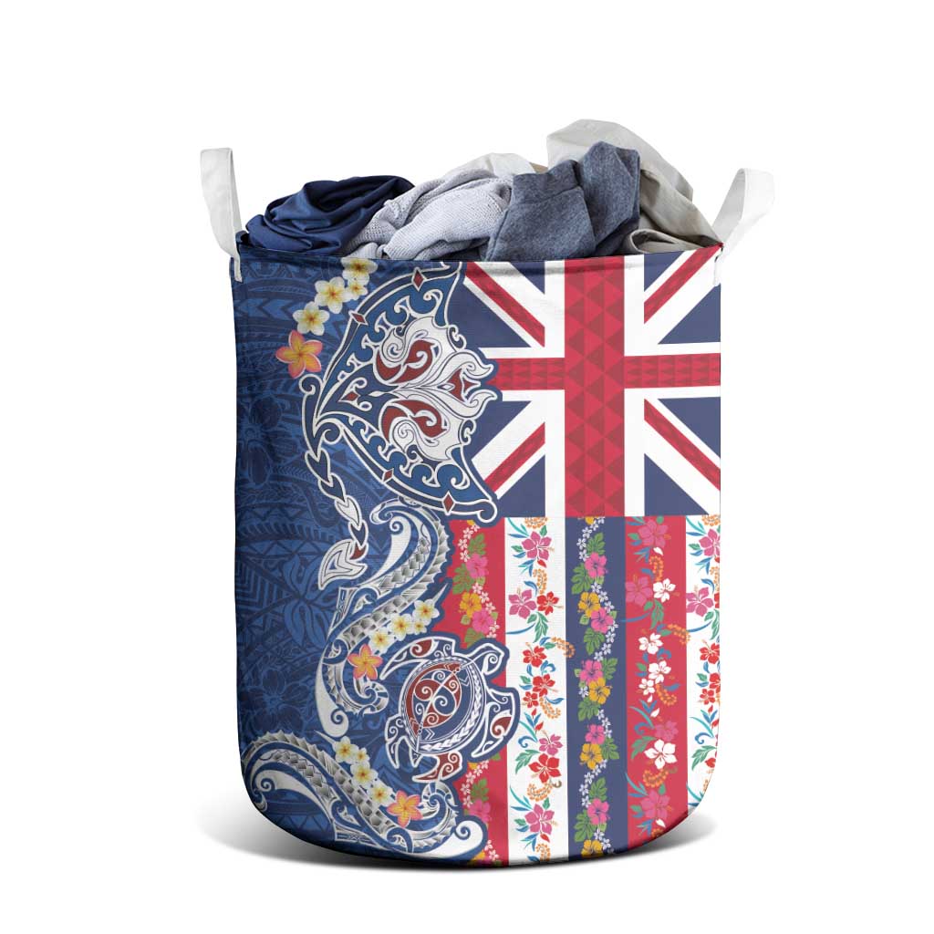 Hawaiian Manta Ray and Turtle Tribal Tattoo Laundry Basket With Hawaii Flag and Flowers