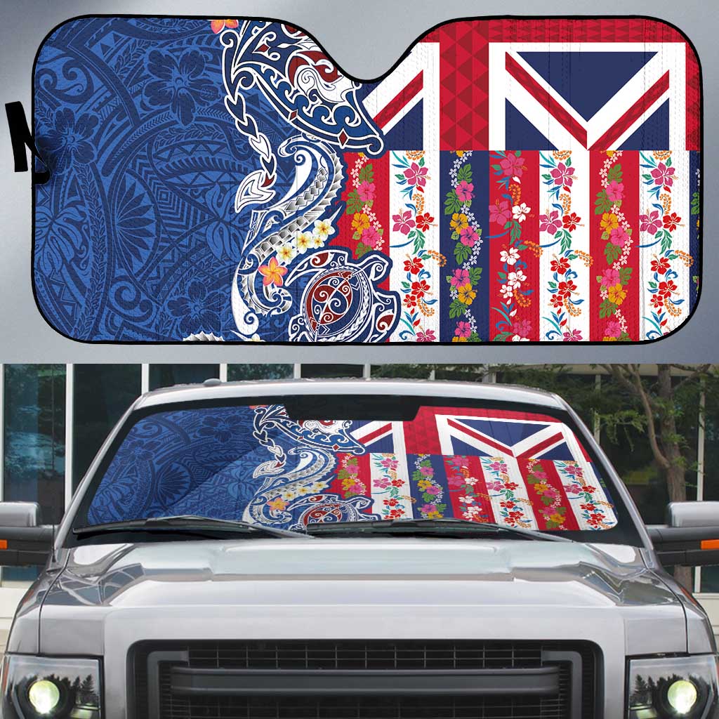 Hawaiian Manta Ray and Turtle Tribal Tattoo Auto Sun Shade With Hawaii Flag and Flowers