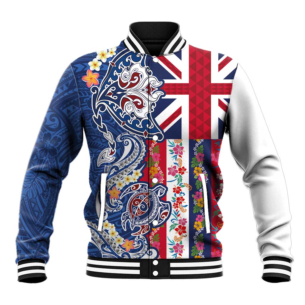 Hawaiian Manta Ray and Turtle Tribal Tattoo Baseball Jacket With Hawaii Flag and Flowers