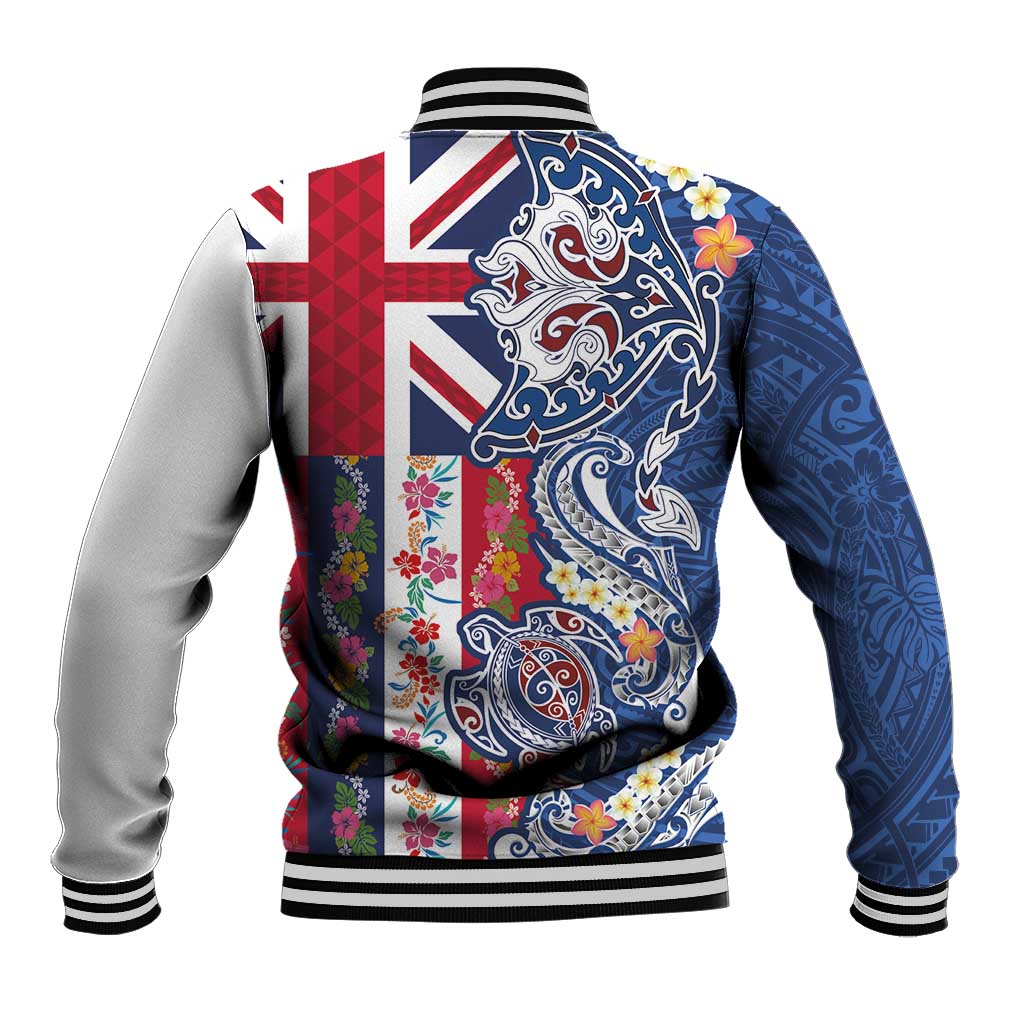 Hawaiian Manta Ray and Turtle Tribal Tattoo Baseball Jacket With Hawaii Flag and Flowers