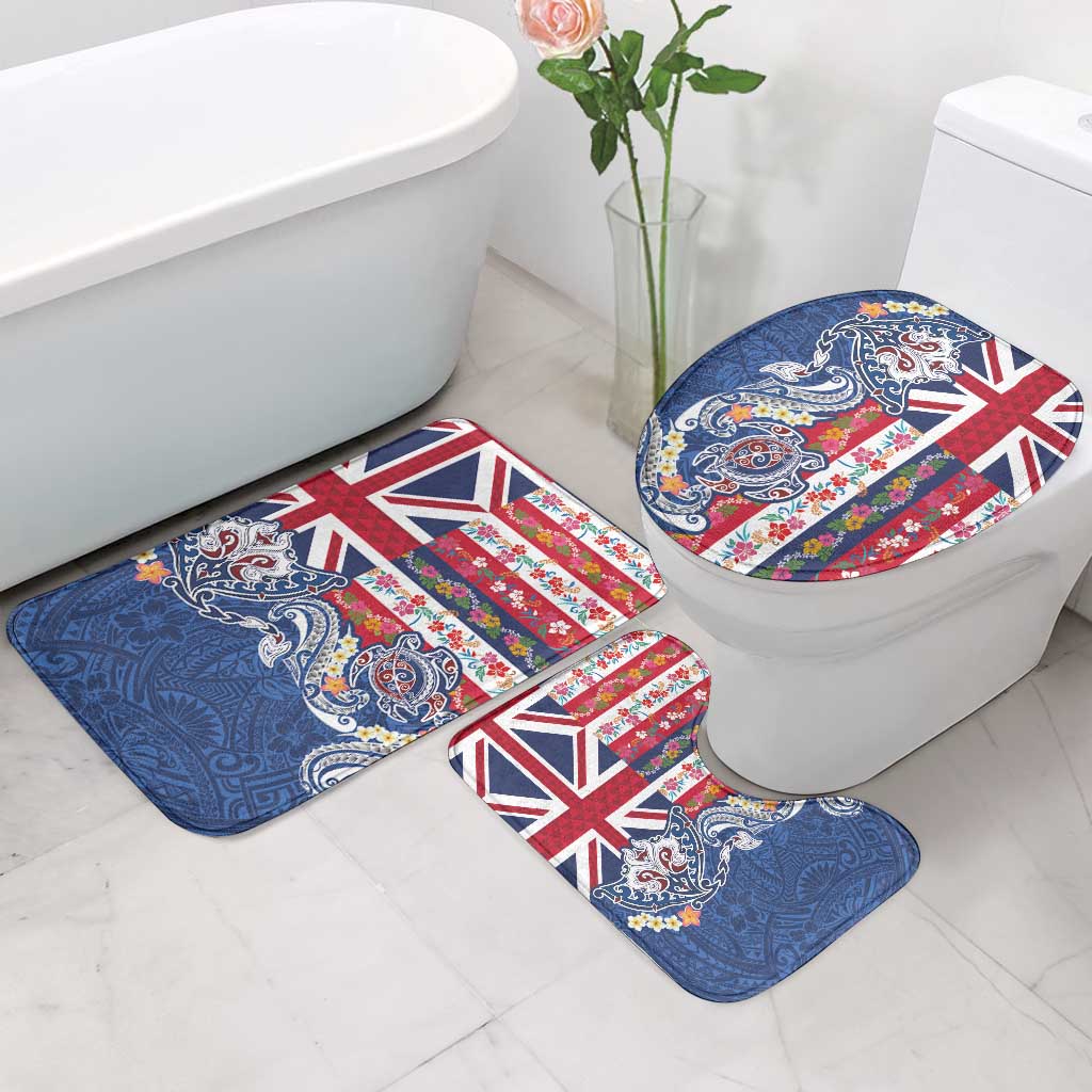 Hawaiian Manta Ray and Turtle Tribal Tattoo Bathroom Set With Hawaii Flag and Flowers