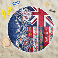 Hawaiian Manta Ray and Turtle Tribal Tattoo Beach Blanket With Hawaii Flag and Flowers