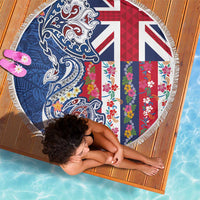 Hawaiian Manta Ray and Turtle Tribal Tattoo Beach Blanket With Hawaii Flag and Flowers