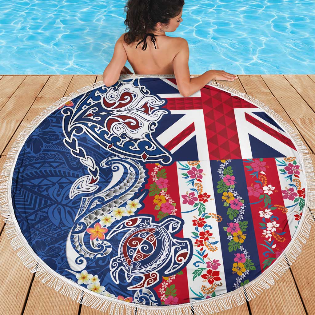 Hawaiian Manta Ray and Turtle Tribal Tattoo Beach Blanket With Hawaii Flag and Flowers