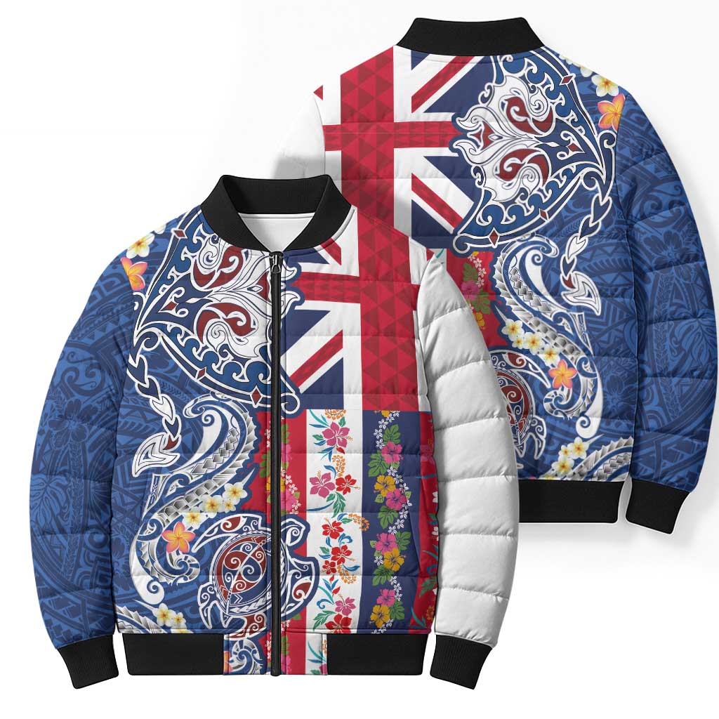 Hawaiian Manta Ray and Turtle Tribal Tattoo Bomber Puffer Jacket With Hawaii Flag and Flowers