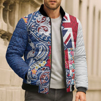 Hawaiian Manta Ray and Turtle Tribal Tattoo Bomber Puffer Jacket With Hawaii Flag and Flowers
