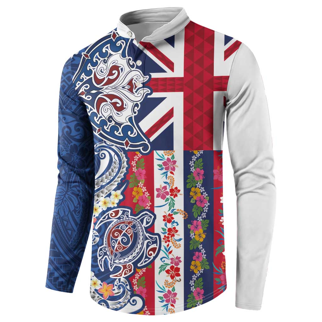Hawaiian Manta Ray and Turtle Tribal Tattoo Button Sweatshirt With Hawaii Flag and Flowers