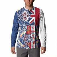Hawaiian Manta Ray and Turtle Tribal Tattoo Button Sweatshirt With Hawaii Flag and Flowers