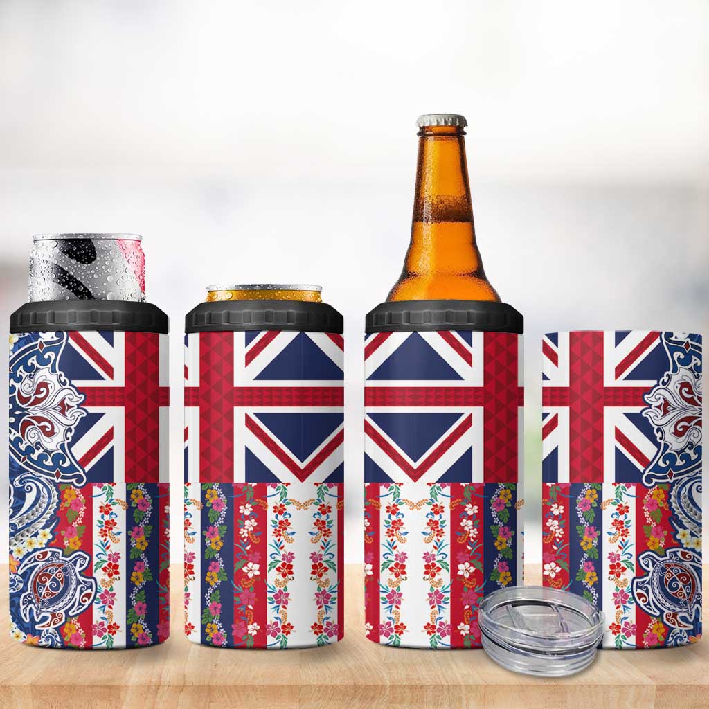Hawaiian Manta Ray and Turtle Tribal Tattoo 4 in 1 Can Cooler Tumbler With Hawaii Flag and Flowers LT03 - Polynesian Pride