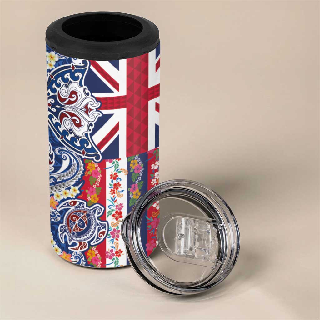 Hawaiian Manta Ray and Turtle Tribal Tattoo 4 in 1 Can Cooler Tumbler With Hawaii Flag and Flowers LT03 - Polynesian Pride