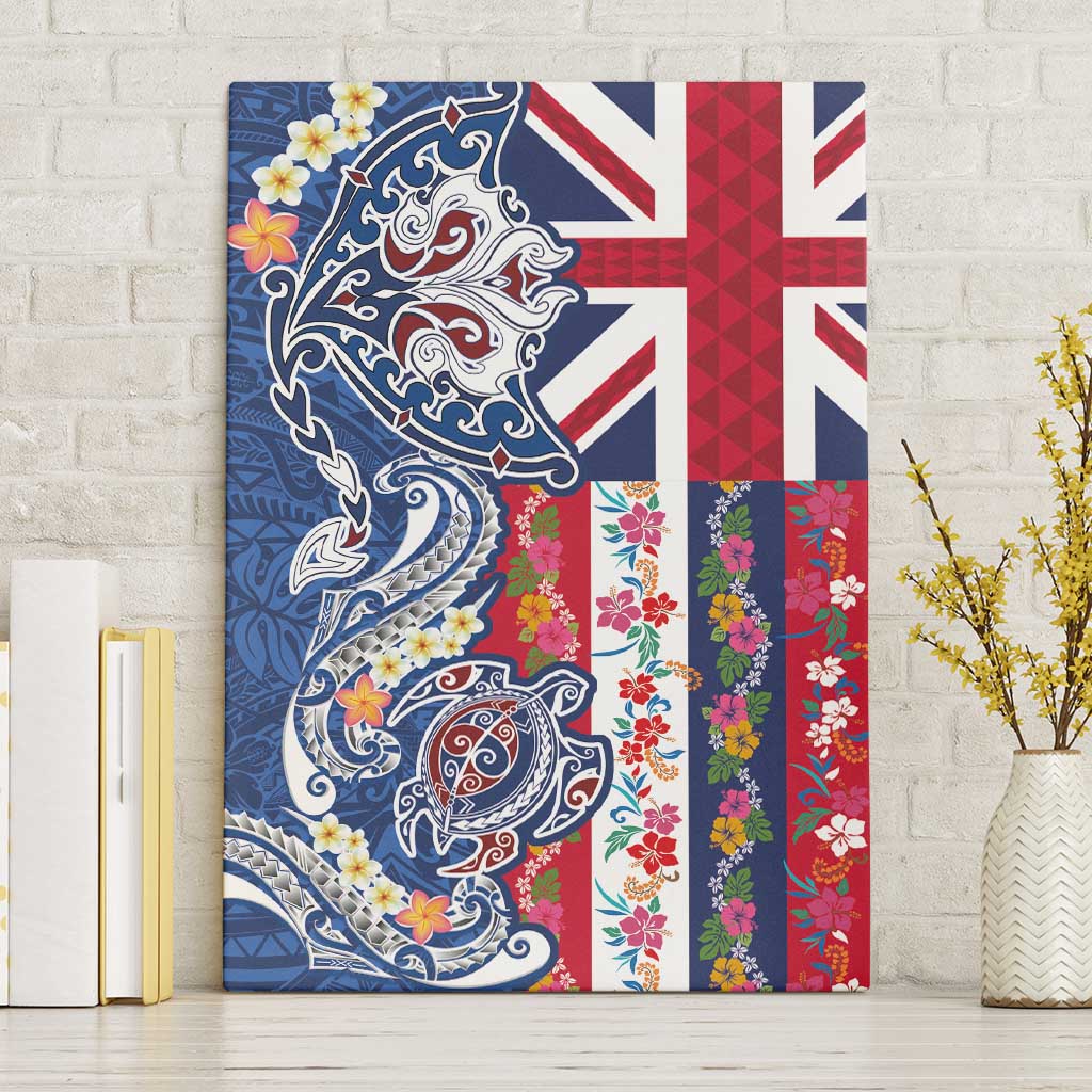 Hawaiian Manta Ray and Turtle Tribal Tattoo Canvas Wall Art With Hawaii Flag and Flowers