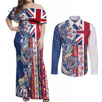 Hawaiian Manta Ray and Turtle Tribal Tattoo Couples Matching Off Shoulder Maxi Dress and Long Sleeve Button Shirt With Hawaii Flag and Flowers LT03 Multicolor - Polynesian Pride