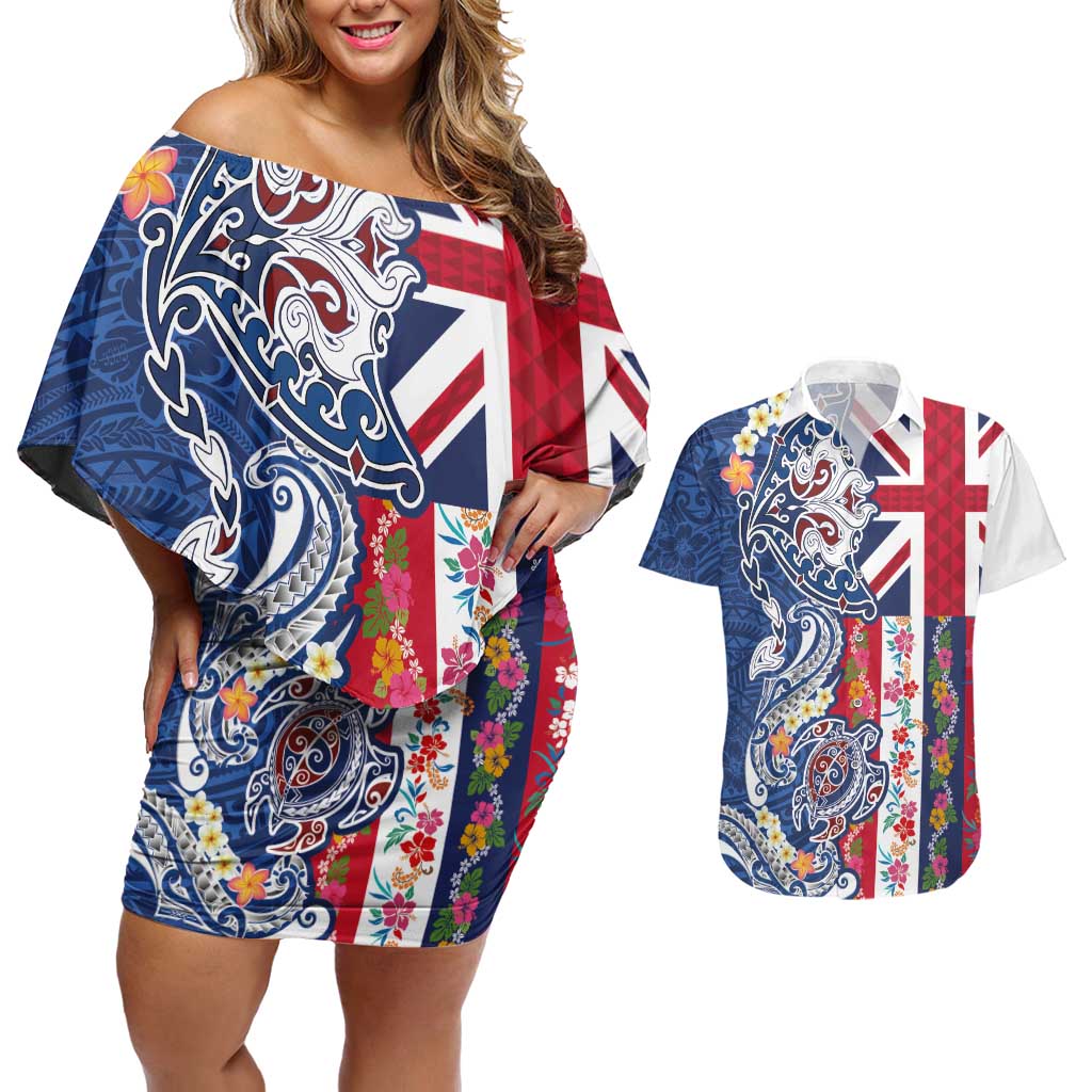Hawaiian Manta Ray and Turtle Tribal Tattoo Couples Matching Off Shoulder Short Dress and Hawaiian Shirt With Hawaii Flag and Flowers LT03 Multicolor - Polynesian Pride