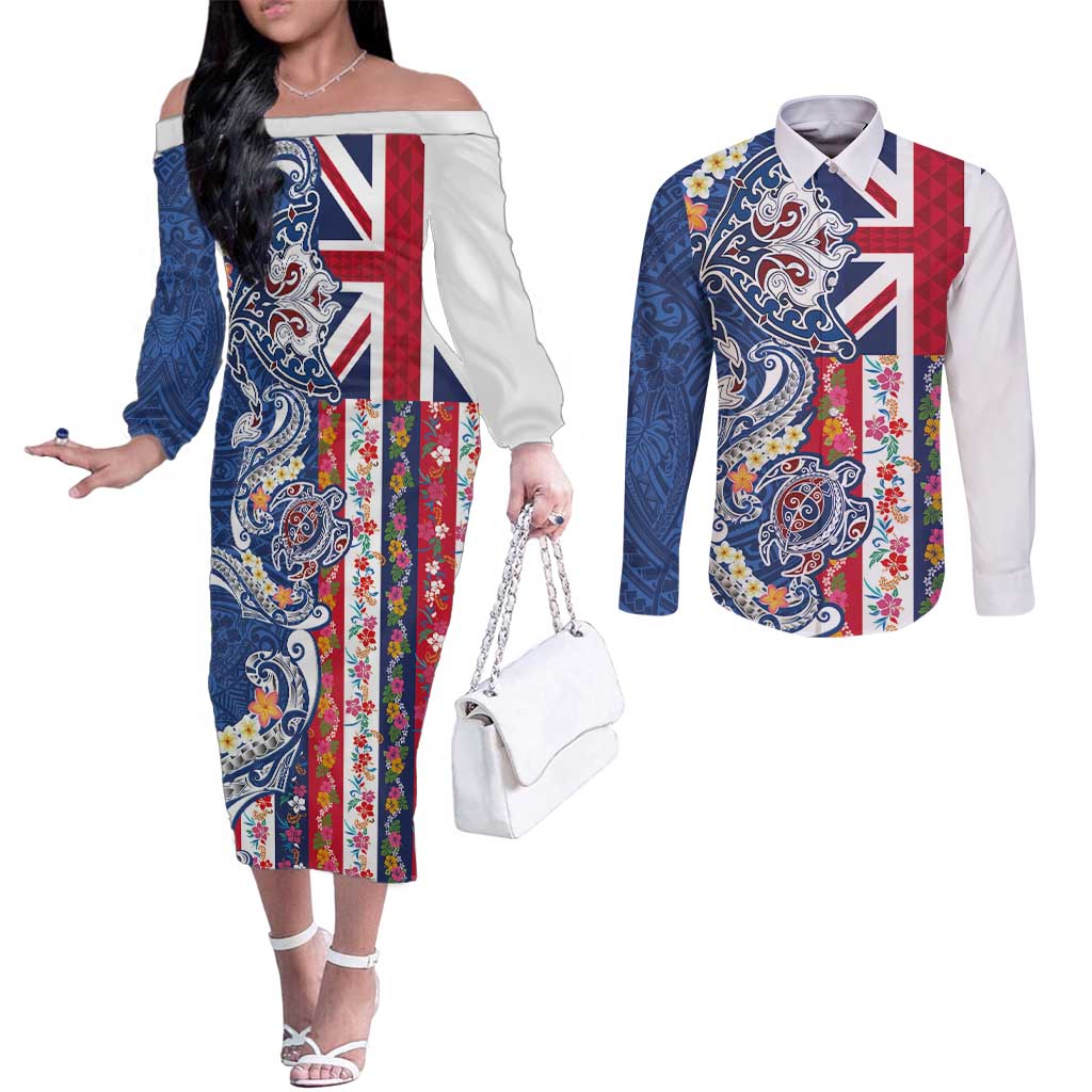 Hawaiian Manta Ray and Turtle Tribal Tattoo Couples Matching Off The Shoulder Long Sleeve Dress and Long Sleeve Button Shirt With Hawaii Flag and Flowers LT03 Multicolor - Polynesian Pride