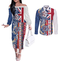 Hawaiian Manta Ray and Turtle Tribal Tattoo Couples Matching Off The Shoulder Long Sleeve Dress and Long Sleeve Button Shirt With Hawaii Flag and Flowers LT03 Multicolor - Polynesian Pride
