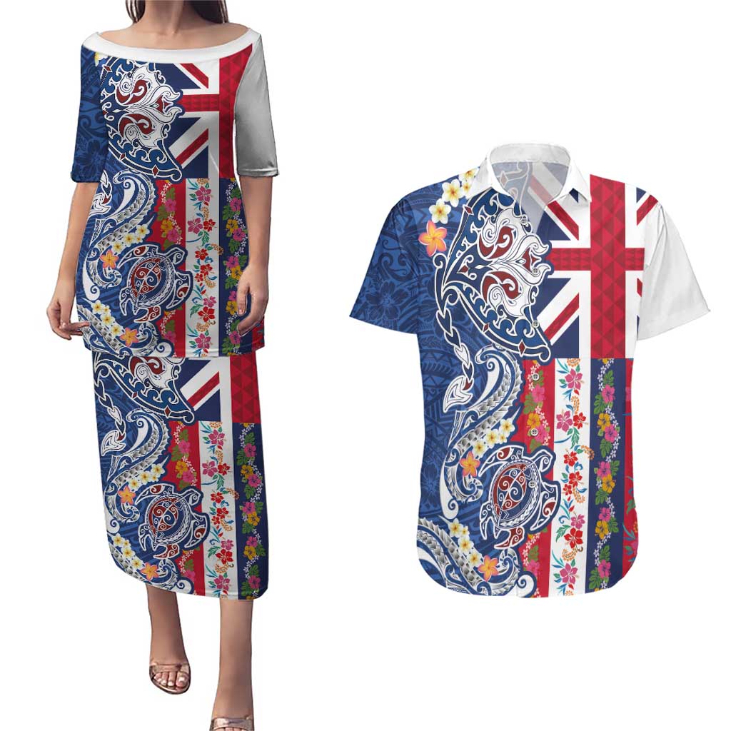 Hawaiian Manta Ray and Turtle Tribal Tattoo Couples Matching Puletasi and Hawaiian Shirt With Hawaii Flag and Flowers LT03 Multicolor - Polynesian Pride