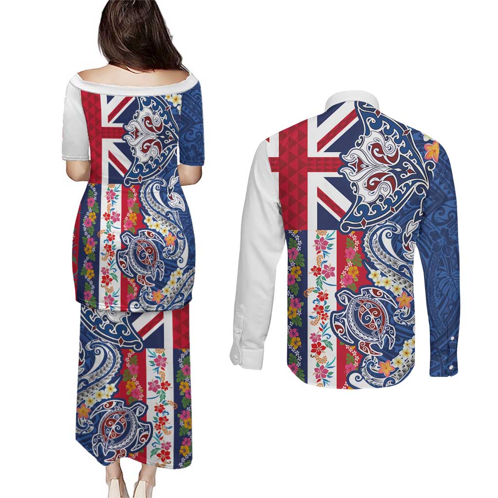 Hawaiian Manta Ray and Turtle Tribal Tattoo Couples Matching Puletasi and Long Sleeve Button Shirt With Hawaii Flag and Flowers LT03 - Polynesian Pride
