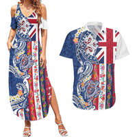 Hawaiian Manta Ray and Turtle Tribal Tattoo Couples Matching Summer Maxi Dress and Hawaiian Shirt With Hawaii Flag and Flowers LT03 Multicolor - Polynesian Pride