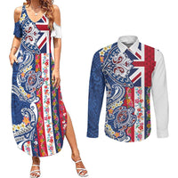 Hawaiian Manta Ray and Turtle Tribal Tattoo Couples Matching Summer Maxi Dress and Long Sleeve Button Shirt With Hawaii Flag and Flowers LT03 Multicolor - Polynesian Pride