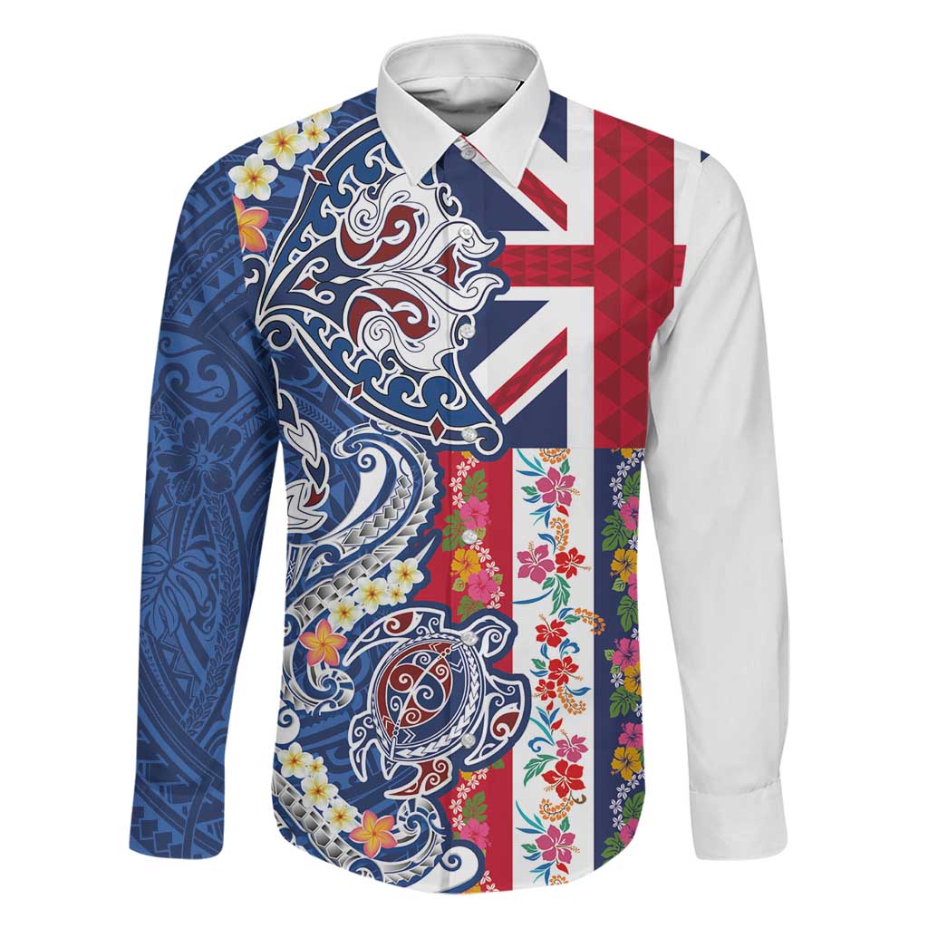 Hawaiian Manta Ray and Turtle Tribal Tattoo Family Matching Long Sleeve Bodycon Dress and Hawaiian Shirt With Hawaii Flag and Flowers LT03 Dad's Shirt - Long Sleeve Multicolor - Polynesian Pride