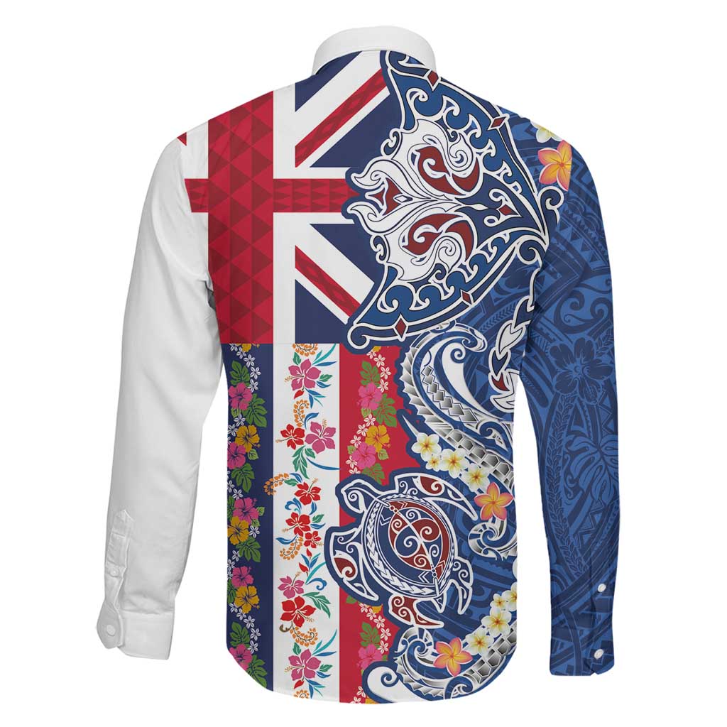 Hawaiian Manta Ray and Turtle Tribal Tattoo Family Matching Long Sleeve Bodycon Dress and Hawaiian Shirt With Hawaii Flag and Flowers LT03 - Polynesian Pride