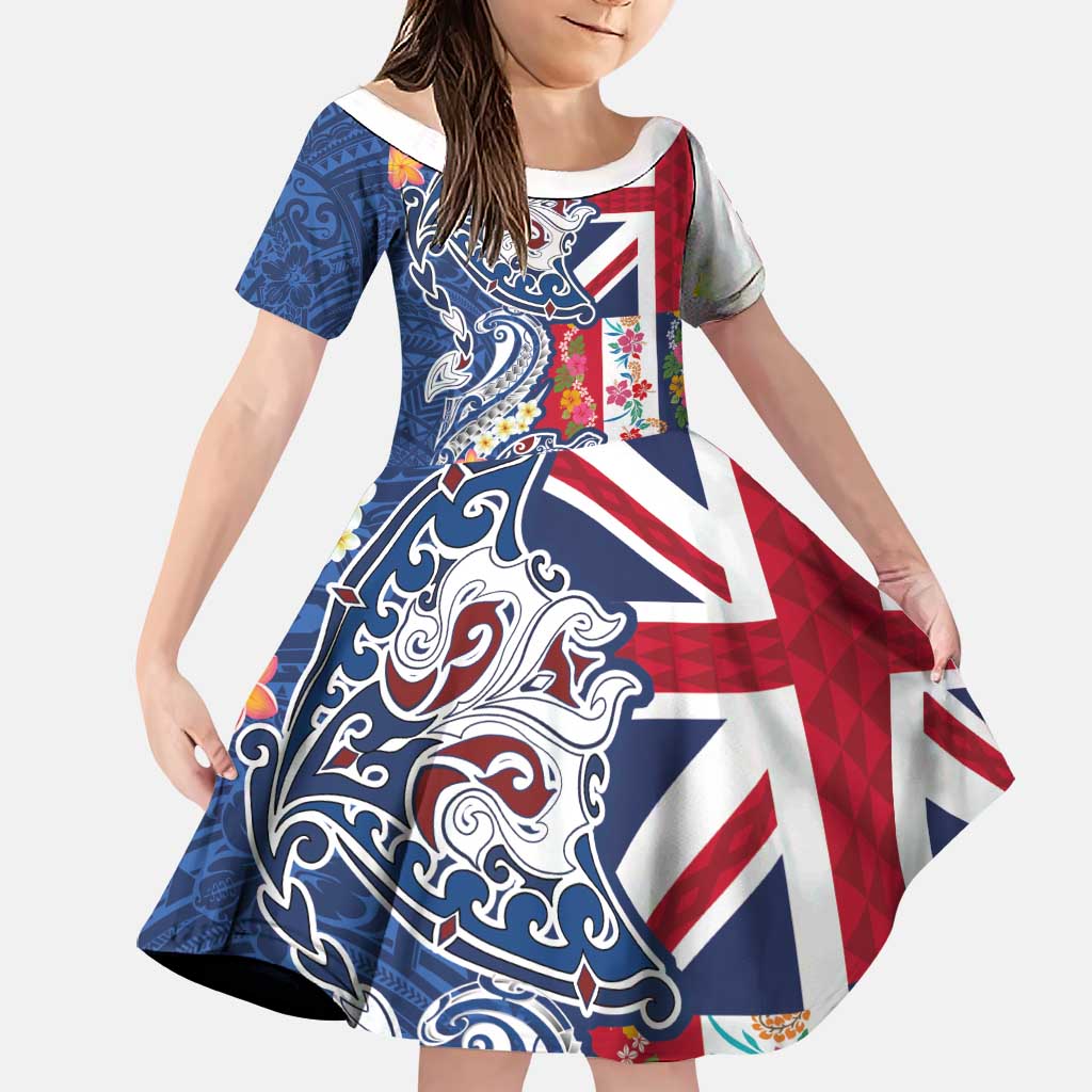 Hawaiian Manta Ray and Turtle Tribal Tattoo Family Matching Mermaid Dress and Hawaiian Shirt With Hawaii Flag and Flowers LT03 Daughter's Dress Multicolor - Polynesian Pride