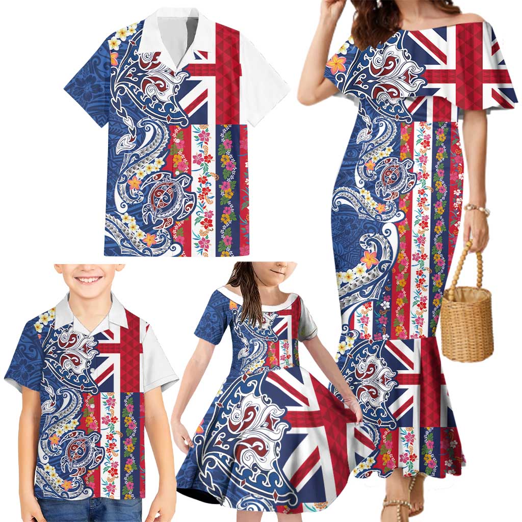 Hawaiian Manta Ray and Turtle Tribal Tattoo Family Matching Mermaid Dress and Hawaiian Shirt With Hawaii Flag and Flowers LT03 - Polynesian Pride
